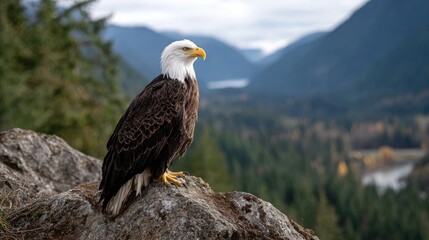 Bald eagle perched on rocky outcrop overlooking mountain valley