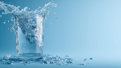 Water splashing from glass, icy shards