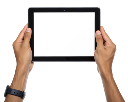 Person holding a tablet computer with a blank white screen in their hands isolated on white background - Powered by Adobe