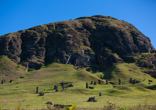 Moais in rano raraku, Easter Island, Hanga Roa, Chile