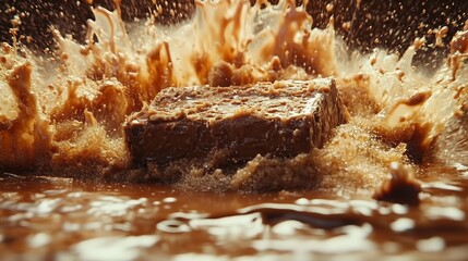 Fototapeta premium Dynamic scene of a Snickers bar falling into a pool of melted chocolate with splashes and waves around it highlighting the creamy texture and indulgence of the snack in a dramatic action filled image