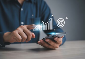 Businessman using smartphone to analyze financial growth chart and target achievement with digital interface overlay