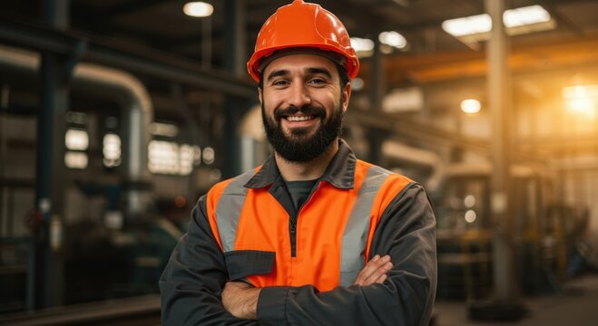 Portrait of a smiling bearded male factory worker wearing a bright orange safety hard hat and high visibility vest with arms crossed