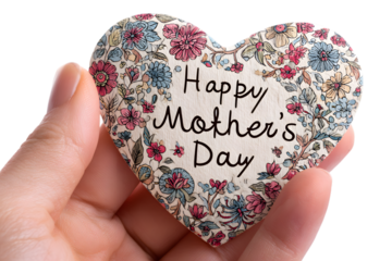 hand holding heart-shaped card with floral design and handwritten "Happy Mother’s Day". isolated on Transparent Background with Clipping Path for Happy Mother’s Day Design, Greeting Cards