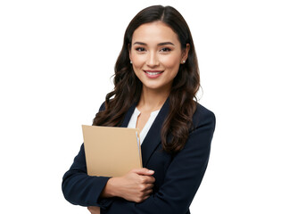 Smiling asian woman holding folder isolated on transparent background