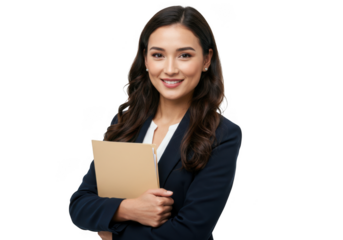 Smiling asian woman holding folder isolated on transparent background