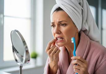 Woman with Concerned Expression Examining Gums and Teeth in Mirror