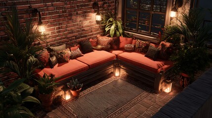 A cozy outdoor lounge area with brick wall, cushions, plants, and soft lighting