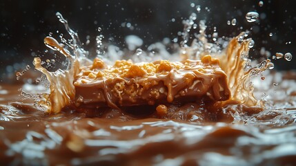 Dynamic scene of a Snickers bar falling into a pool of melted chocolate with splashes and waves around it highlighting the creamy texture and indulgence of the snack in a dramatic action filled image