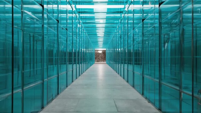 Blue-Tinted Glass Corridor with Futuristic Ambient Glow, minimal, and conceptually modern design atmosphere.