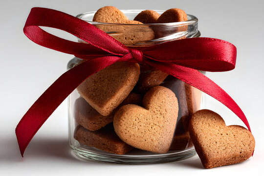 heart-shaped cookies in glass jar tied with red ribbon. Aesthetic Valentine’s Day bakery dessert treat. on white Background.