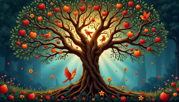 A magical tree laden with ripe apples and birds in a forest