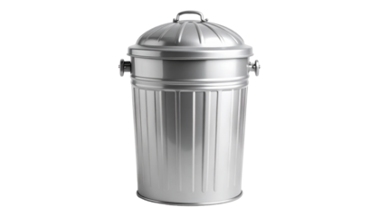 A metal trash can with a domed lid, silver - gray surface, retro style, suitable for home, decoration, prop materials isolated on solid white background Png form