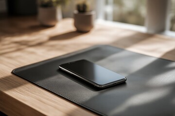 Sleek Smartphone on a Textured Black Desk Mat Under Soft Natural Light