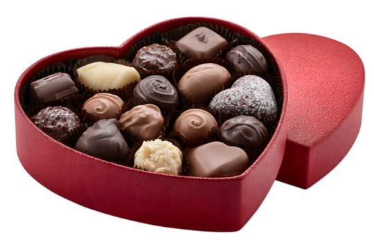 Valentine's chocolate box with assorted chocolates inside. isolated on transparent background with clipping path, for Valentine's Day, Mother's Day, Loveday dessert treat.