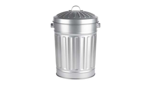 A metal trash can with a domed lid, silver - gray surface, retro style, suitable for home, decoration, prop materials isolated on solid white background