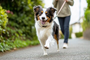 Fototapeta premium Dog Enthusiastically Pulling Owner During Walk 