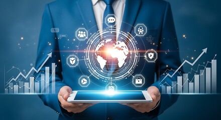 Businessman holding tablet displaying global digital network with financial growth charts and security icons