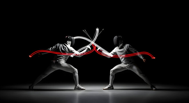 Two fencers dueling in the dark with dynamic red and white light trails
