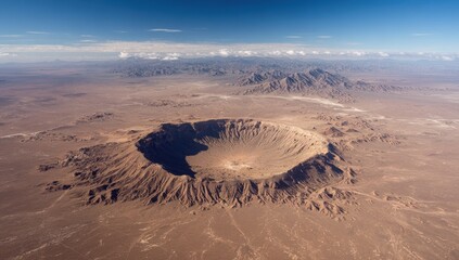 High-angle view of a large impact crater in a desert landscape