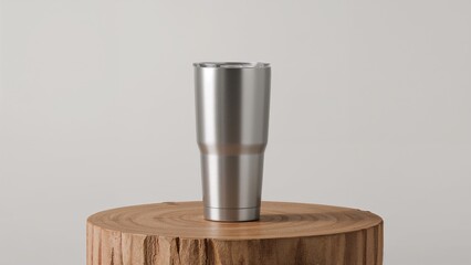 Stainless steel insulated tumbler on a wooden tree stump