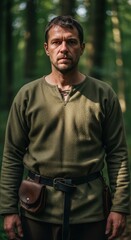 Serious medieval man in a green tunic and leather belt standing in a sunlit summer forest