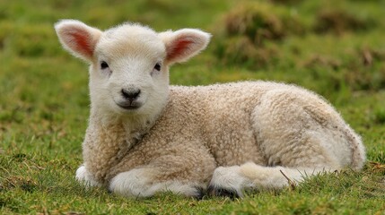 Obraz premium Sheep Lying Down. A Cute Newborn Lamb Resting in the Lush Green Meadow