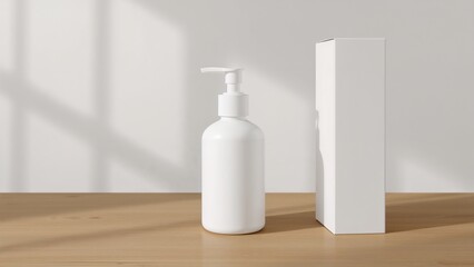 White pump bottle and blank packaging box on light wooden table with sunlight shadows
