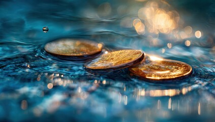 Golden coins on rippling water