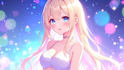 Anime-style art of a blonde girl with blue eyes, colorful bokeh background.