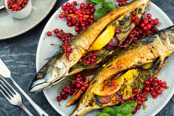 Baked mackerel fish with berries, seafood
