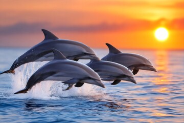Fototapeta premium Dolphins jumping out of the water at sunset
