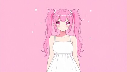 Cute anime girl with pink hair and sparkling background, wearing white dress.