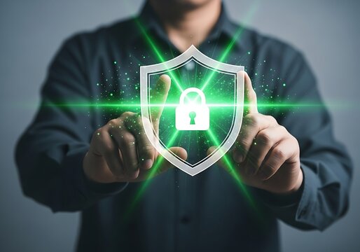 Man s hands touching a glowing digital shield with a padlock symbol and green laser beams symbolizing cybersecurity and data protection - Powered by Adobe