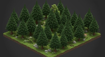 Obraz premium Isometric view of a small forest with evergreen trees, grass, and rocks on a square of land.