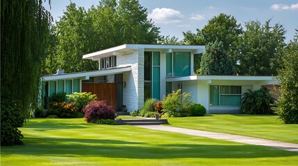 A modern house with a green lawn and trees surrounding it on a sunny day outside