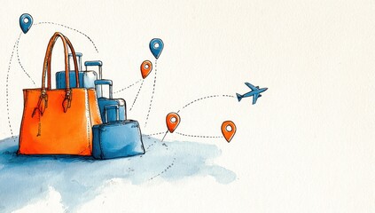 Watercolor travel bags with location markers and airplane