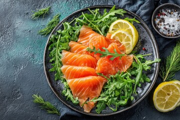 Smoked Salmon Plate Top View. Fresh Arugula Salad with Colours on Marble Background