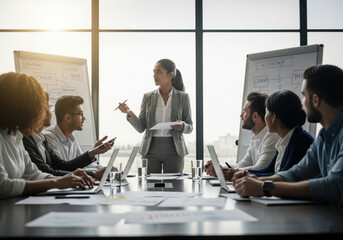 Diverse Business Team Led by Woman in Modern Office Meeting