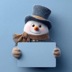 Snowman Top Hat. Snowman in Posh Outfit Holding Blank Board for New Year Celebration