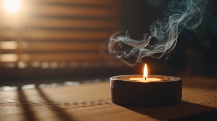 Candle with flickering flame and smoke on wooden surface