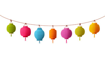 Vibrant Chinese Lanterns String with Varied Shapes and Colors for Festive Decorations and Celebrations Isolated on transparent background, cutout	