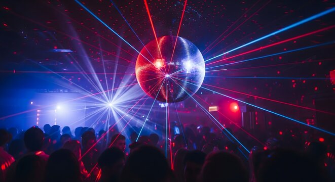 Vibrant Disco Ball with Laser Beams over a Crowd in a Nightclub

