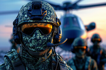 Portrait of an elite special forces soldier in tactical gear with a helicopter and squad in the background at sunset.