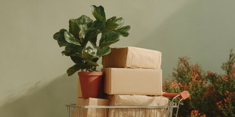 Sustainable Shopping Cart with Boxes and Plant on Laptop for Legal Drinking Age Day and Earth Day Modern Spring E-commerce Marketing Campaigns