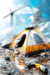 Post-apocalyptic survival concept showing a tent and rifle in a desolate wasteland with a construction crane, symbolizing life after collapse.