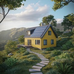 A yellow house with solar panels on the roof in a hilly landscape with a stone path leading to it