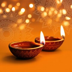 Two diya lamps burning brightly on an orange surface with a decorative background pattern design