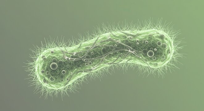 A green bacterium with visible cilia and internal structures on a muted green background