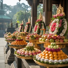 Rows of fruit offerings and floral wreaths on golden stands at a temple ceremony outdoors